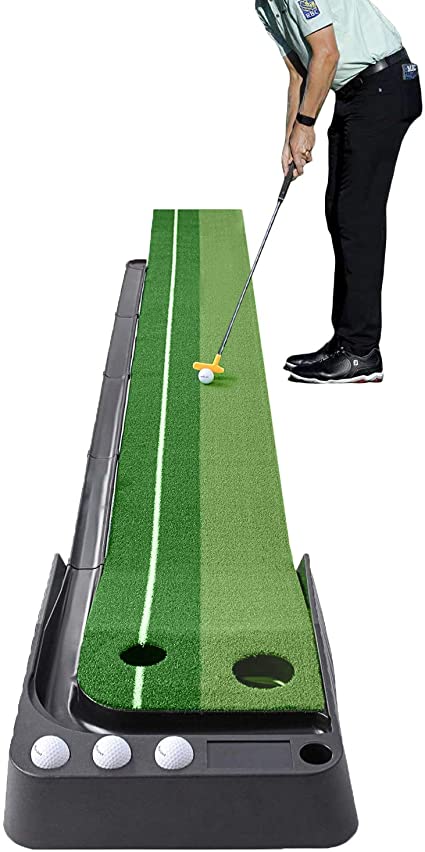 I&K PRO Indoor Golf Putting Mat - Adjustable Hole and Automatic Ball Return Mini Golfing Green - Alignment and Distance Mini Practice Training Aid for Home, Office, Outdoor Use - 8.2 x 1.28 Feet