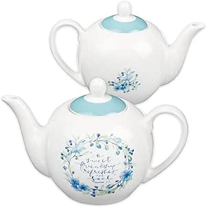 Christian Art Gifts Women's Ceramic Floral Teapot: Sweet Friendship - Proverbs 27:9 Inspirational Bible Verse w/Gift Box, Lead/Cadmium-free, Microwave, Dishwasher & Freezer Safe, Blue Wreath, 30 oz.