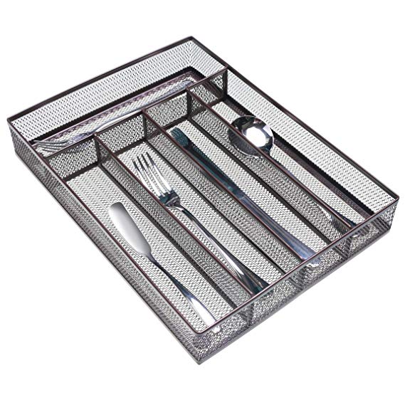 SZAT PRO Mesh Silverware Cutlery Tray Drawer Organization Kitchen Storage Flatware Utensil Organizer for Knives Spoons Forks (Brown, 12.5” x 9.4” x 2”, 5 Compartments)