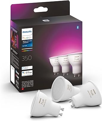 Philips Hue White & Colour Ambiance Smart Spotlight 3 Pack LED [GU10 Spotlight] - 350 Lumens (50W Equivalent). Works with Alexa, Google Assistant and Apple Homekit, 929001953115