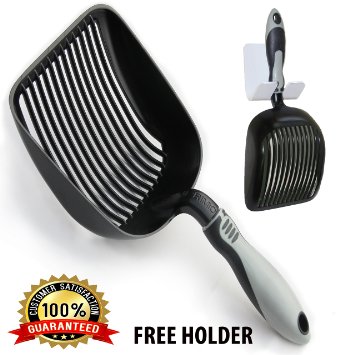 Sifter with Deep Shovel - Designed by Cat Owners - *NEW* EZ Clean Teflon Coated. Solid Aluminum "Perfect Scooper" with Free Holder. Solid Core Handle. Custom Design. iPrimio ® Patent Pending.