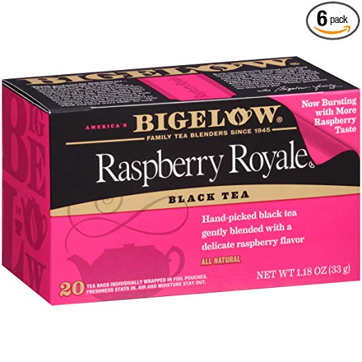 Bigelow Raspberry Royale Tea Bags 20-Count Boxes (Pack of 6), 120 Tea Bags Total. Caffeinated Individual Black Tea Bags, for Hot or Iced Tea, Drink Plain or Sweetened with Honey or Sugar