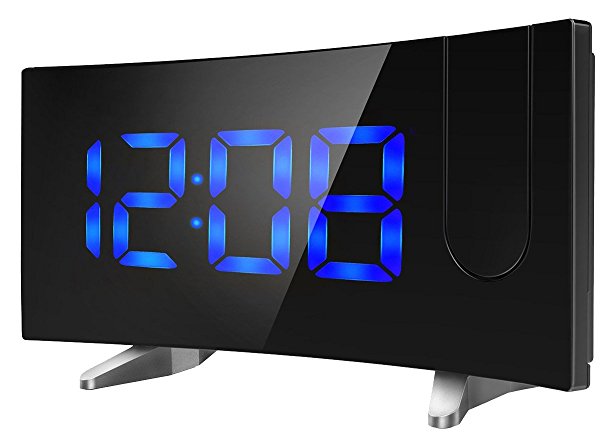 Projection Clock, Pictek 5" Curved-Screen Projection Alarm Clock, Digital Dimmable Projection FM Clock with USB Charging, Dual Alarm, Battery Backup