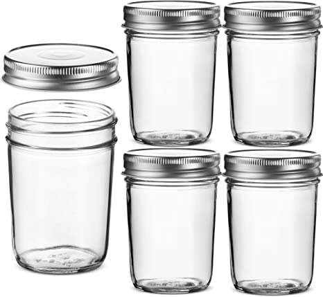 Glass Regular Mouth Mason Jars, 8 Ounce Glass Jars with Silver Metal Airtight Lids for Meal Prep, Food Storage, Canning, Drinking, for Overnight Oats, Jelly, Dry Food, Spices, Salads, Yogurt (5 Pack)