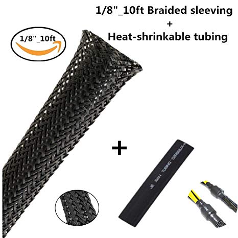 PET Expandable Braided Sleeving 1/8" Flexo Cable Sleeve Black Braided Sleeve Braided Wire Sleeve Management Cord Protecto 10 FT Cable sleeving （Giveaway Heat Shrink tubing）
