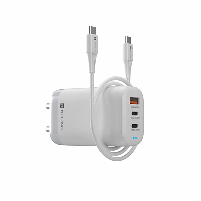 Portronics Adapto 65X Adapter/Charger 65W for Laptop/Mobile with Triple Output (USB  PD) Compatible with Mac Book Pro, 100W Type C Cable Included(White)