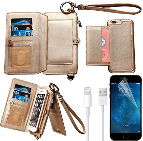 iPhone 7 Plus Wallet Case, iPhone 7 Plus Case, Bonice Premium Leather Zipper Wallet Multifunctional Detachable Removable Purse Card Slot Pocket Wallet Pouch Protective Cover for iPhone 7 Plus - Gold
