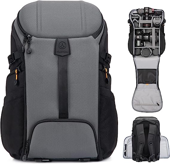 TARION Camera Backpack Large Camera Bag with Dual-Side Opening 15.6" Laptop Compartment Waterproof Raincover Outdoor Photography Hiking Travel Professional Photography Backpack Bag Grey HX-L