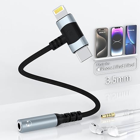 Opluz 2-in-1 Type-C & Lightning to 3.5mm Audio Headphone Adapter,HIFI Audio, MFi Certified, Durable for iPhone 15/14/13/12/11/8/7/Samsung Galaxy/Pixel