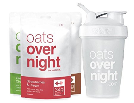 Oats Overnight 3 Pack Variety and BlenderBottle (3oz per pack) High Protein / Low Sugar