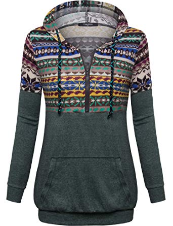 VALOLIA Women's Long Sleeve Plaid Pullover Color Block Hooded Sweatshirt with Kangaroo Pockets