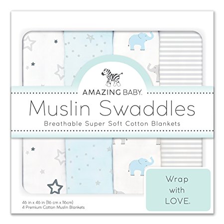 Amazing Baby Muslin Swaddle Blankets, Set of 4, Premium Cotton, Starry Night and Tiny Elephants, Pastel Blue