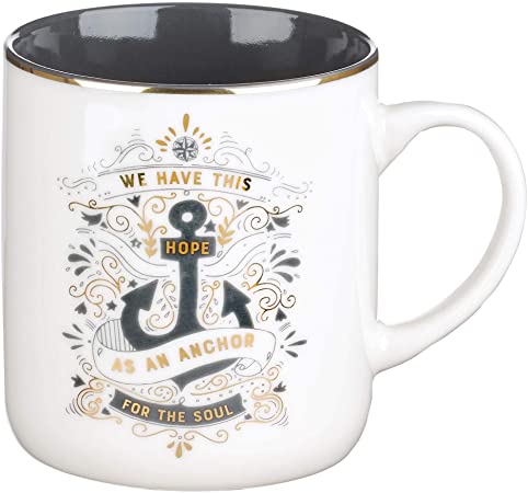 Hope as an Anchor Hebrews 6:19 Bible Verse Ceramic Coffee/Tea Mug | Charcoal Grey w/Gold Metallic Nautical Christian Coffee Mug for Women, 14 oz