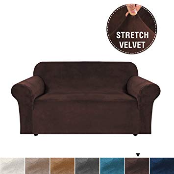 H.VERSAILTEX Real Velvet Plush Sofa Cover, High Stretch Luxury Sofa Slipcover/Loveseat Furniture Cover/Slip Covers, Soft and Thick Velvet Fabric, Added Straps, 2 Seater Loveseat Cover, Brown