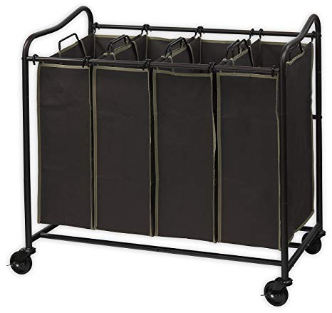 Simplehouseware 4-Bag Heavy Duty Laundry Sorter Rolling Cart, Brown