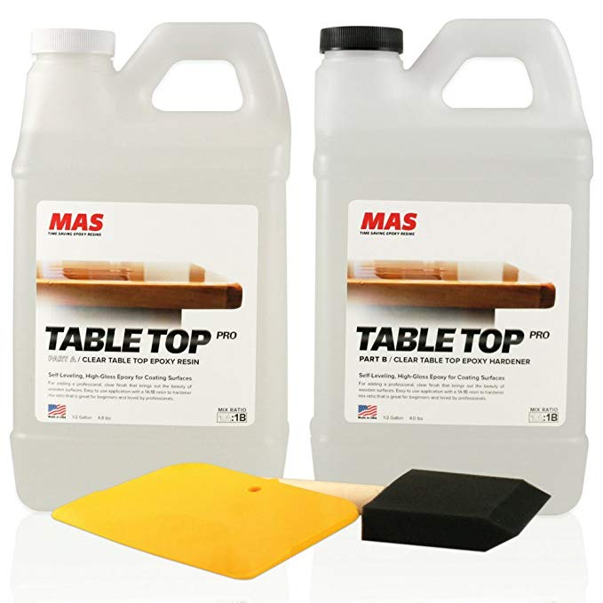 Crystal Clear Epoxy Resin One Gallon Kit | MAS Table Top Pro Epoxy Resin & Hardener | Two Part Kit for Wood Tabletop, Bar Top, Resin Art | Set Includes Spreader & Brush | Professional Grade Coating