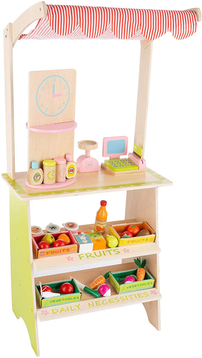Hey! Play! Kids Fresh Market Selling Stand– Wooden Grocery Store Playset with Toy Cash Register, Scale, Pretend Credit Card & 31 Food Accessories