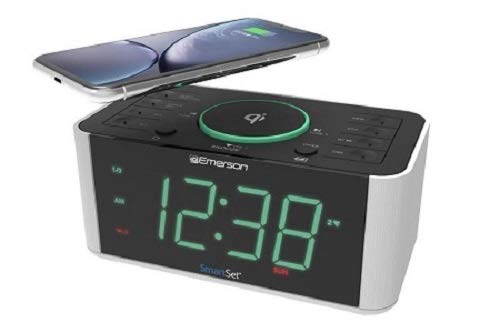 Emerson Alarm Clock Radio and QI Wireless Phone Charger with Bluetooth, Compatible with iPhone Xs Max/XR/XS/X/8/Plus, 10W Galaxy S10/Plus/S10E/S9, All Qi Compatible Phones, ER100202
