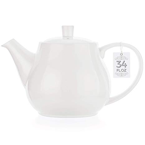 Tealyra - Large White Porcelain Teapot - 34.0-ounce (3-4 cups) - English Modern Style - Teapot with Bee Style Spout Filter To Brew Loose Leaf Tea - Ceramic Brewer Pot - 1000ml