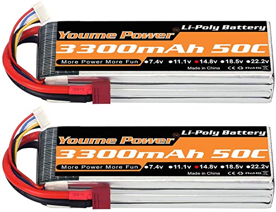 Youme Power Lipo 4S Battery,14.8v 3300mAh Lipo Battery Pack 50C with T Plug for RC Helicopter Airplane Boat Quadcopter (2 Packs)