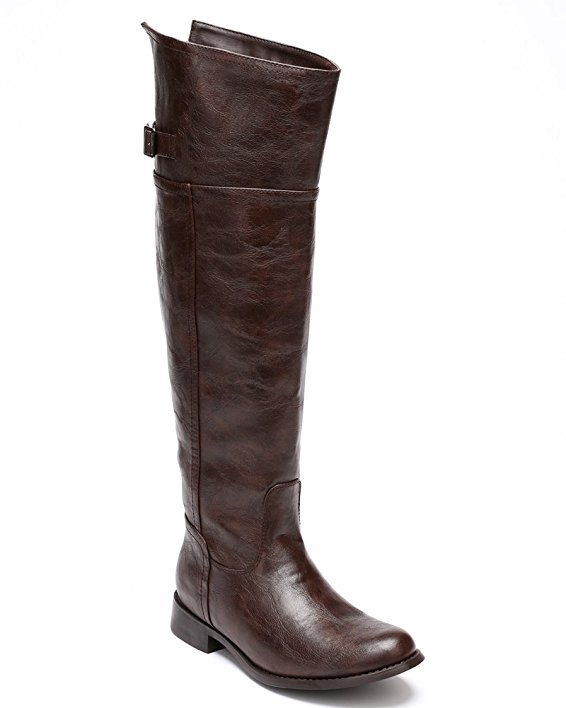 Breckelles BD49 Women Crinkle Leatherette Round Toe Riding Thigh High Boot - Light Brown