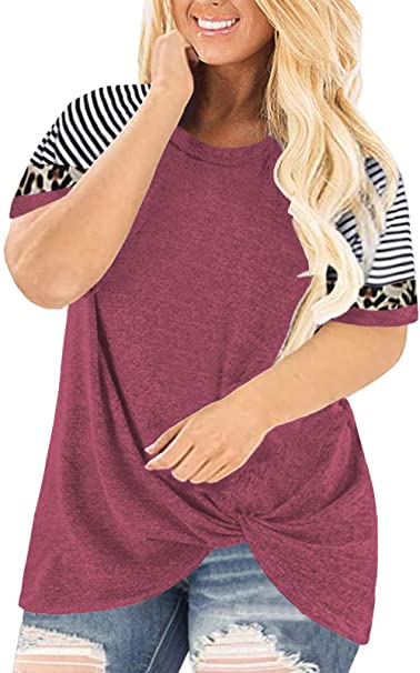 DOLNINE Womens Plus-Size Tops Summer Striped Short Sleeve Shirts Knotted Tunics