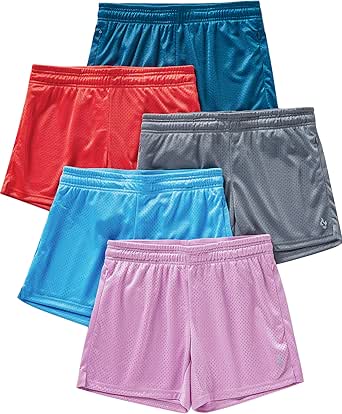 5-Pack Womens Athletic Shorts Mesh Basketball 5" Inseam Ladies Active Sports Set with Zipper Pockets