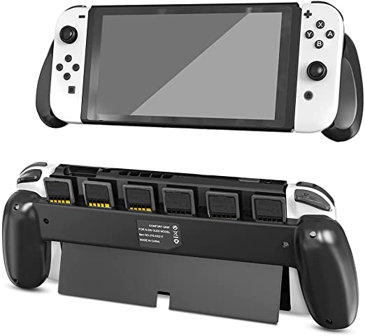 Switch OLED Grip, Ergonomic Switch OLED Console Handheld Grip Case with 6 Game Slots Compatible with Nintendo Switch OLED Model - Black