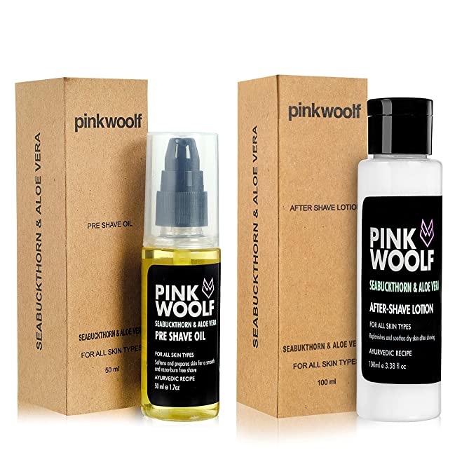 Pink Woolf PRE SHAVE OIL (50ml) for All Skin Types and AFTER SHAVE LOTION for Men (100ml), COMBO Shaving Kit for Men, Soothes Your Shaved Skin, Seabuckthorn & Aloe Vera (Pack of 2)