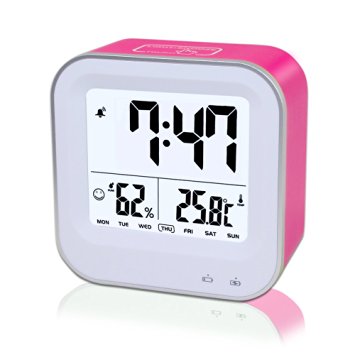 Girls Alarm Clock, Samshow Rechargeable Digital Desk Clock with Temperature Humidity, Date 12/24h Time Display, Snooze, Sensor Nightlight/ Backlight, Loud Alarm Clock for Kids, Girls, Teens (Pink)