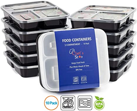 Chef's Star 3 Compartment Food Containers with Lids - 32 oz - 10 Pack