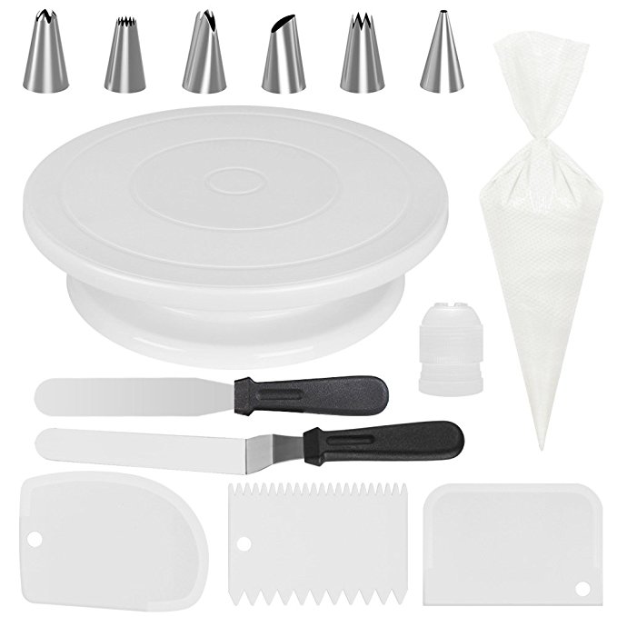 Kootek All-In-One Cake Decorating Supplies with Revolving Cake Turntable, 6 Cake Decorating Tips, 2 Icing Spatula, 3 Icing Smoother, 50 Disposable Pastry Bags and 1 Coupler Frosting Tool Baking Set