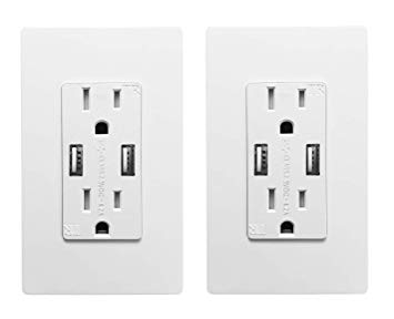 OviiTech 4.2 AMP Dual Smart High Speed Wall Mount Charger USB Outlet,Electrical Outlet with USB,15A Tamper Resistant Duplex Receptacle,Child Proof Safety,Screwless Wall Plate,2 Pack, White