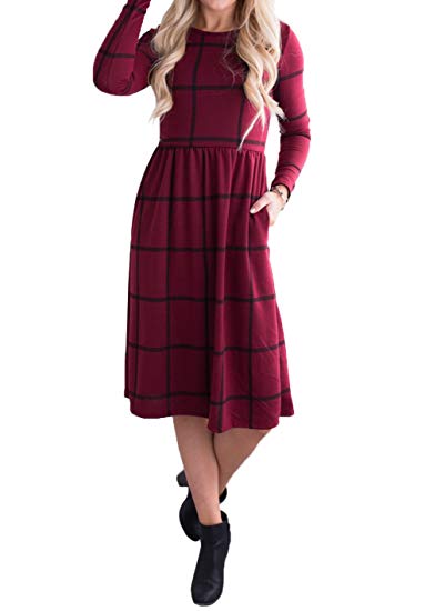 Ivay Women's Casual Grid Long Sleeve Empire Waist Tunic Dresses with Pockets