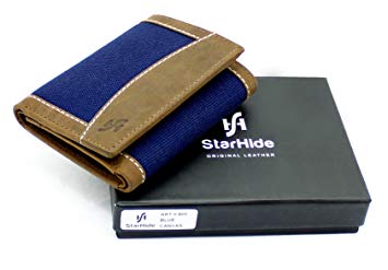 STARHIDE RFID Blocking Mens Designer Trifold Distressed Hunter Leather & Canvas Wallet Credit Card Holder - 805