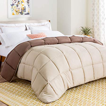 LINENSPA All-Season Reversible Down Alternative Quilted Comforter - Corner Duvet Tabs - Hypoallergenic - Plush Microfiber Fill - Box Stitched - Machine Washable - Sand/Mocha - Twin