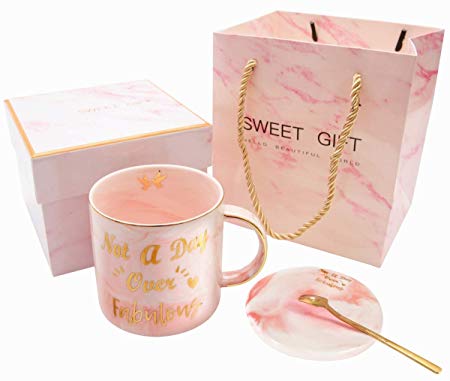 Not a Day Over Fabulous Pink Marble Ceramic Coffee Mug (11.5oz) and Coasters Set - Birthday Gifts for Women - Funny Birthday Gift Ideas for Her