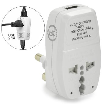 Yubi Power 3 in 1 Universal Travel Adapter with 2 Universal Outlets and 1 USB 21A Port - Built in Surge Protector and Light Indicator - Type M for South Africa India and more