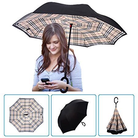 DOLIROX Windproof Reverse Folding Double Layer Inverted Umbrella and Rain Protection Umbrella with C-shaped Hands Free Handle, Best for Travelling and Car Use