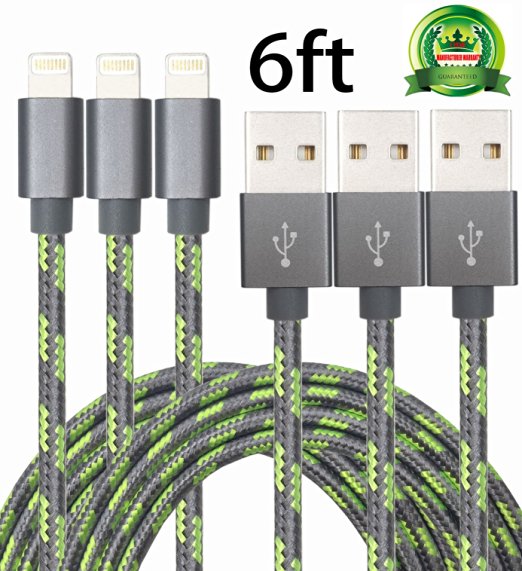 Abloom 3Pack 6ft Nylon Braided Popular Lightning Cable 8Pin to USB Charging Cable Cord with Aluminum Heads for iPhone 6/6s/6 Plus/6s Plus/5/5c/5s/SE,iPad iPod Nano iPod Touch(Gray and Green)