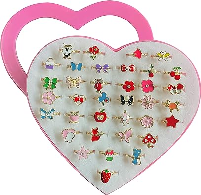 monochef 36pcs Little Girl Jewel Rings in Box Adjustable No Duplication Children Girls Kids Pretend Play Costume Princess Dress Up Jewelry Rings Party Favors Toys Gifts for Girls