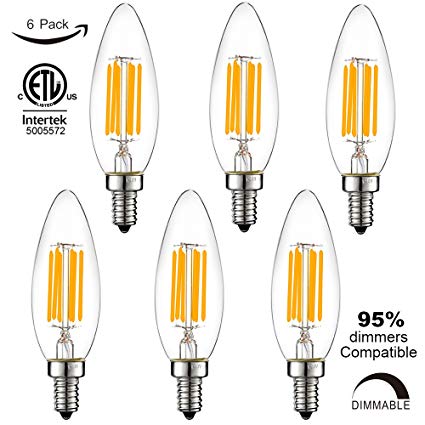 LiteHistory Dimmable 6W B10 led bulb E12 60W Candelabra led torpedo 2700K 600lm Blunt tip 6Pack