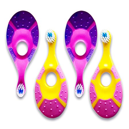 Baby Toddler Toothbrush 4 pack - Trueocity - Soft Bristles - Teething Finger Handle Toothbrushes for 0-2 Years - Girl First Set (2 Pink/Purple & 2 Yellow/Pink) - BPA Free