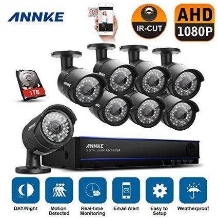 Annke 8CH 1080P AHD CCTV Camera System with 1TB Hard Drive   8HD 1920*1080 Outdoor Surveillance Cameras (36 infrared LEDs with 100ft night vision,Weatherproof Metal Housing, Motion Detection )