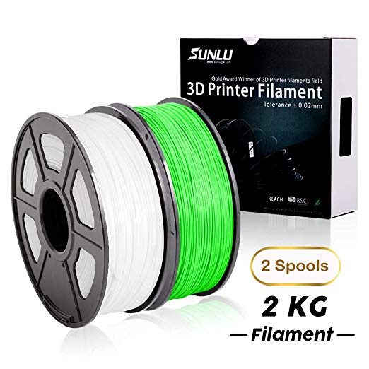 PLA  Filament 3D Printer Filament,2kg Spool (4.4 lbs) 1.75mm,Dimensional Accuracy  /- 0.02 mm, 2 Packs (White   Green) by SUNLU