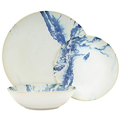 Rivet 18-Piece Stoneware Plates and Bowls Dinnerware Set, Service for 6, Blue Marble Glaze