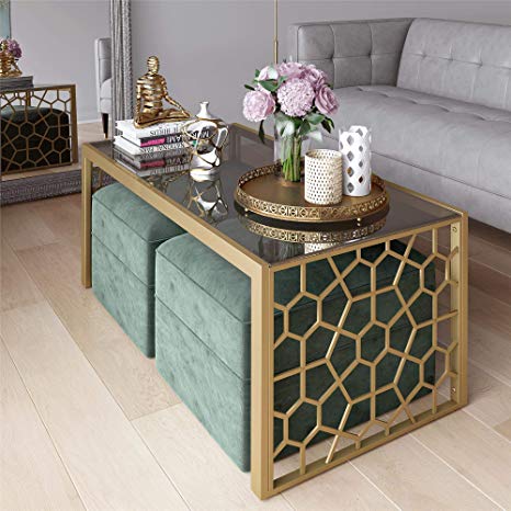 CosmoLiving Juliette Modern Tempered Glass Gold Frame Coffee Table with Two Seafoam Green Velvet Ottomans - Brass