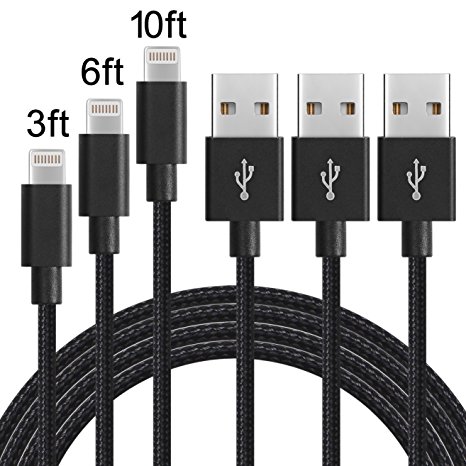 Lightning Cable, SUMOON 3pcs 3FT 6FT 10FT Nylon Braided Charging Cable Cord 8-Pin Lightning to USB Cable Charger for Apple iPhone 7/7 Plus/6/6s/6 Plus/6s Plus/5/5c/5s/SE,iPad, iPod and More (Black)
