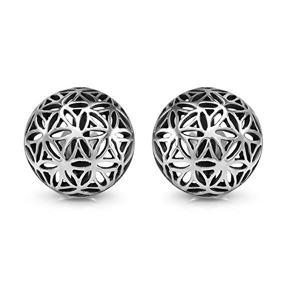 925 Sterling Silver 12 mm Filigree Flower of Life Mandala Cut Open Half Ball Round Post Stud Earrings