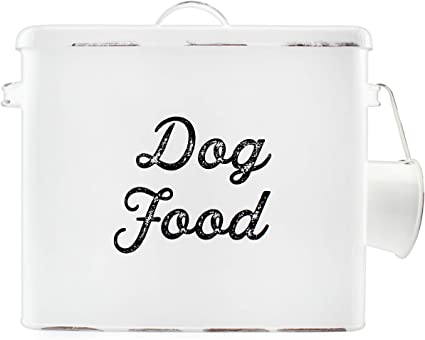 AuldHome Rustic Dog Food Canister; White Farmhouse Style Storage Bin for Pet Food